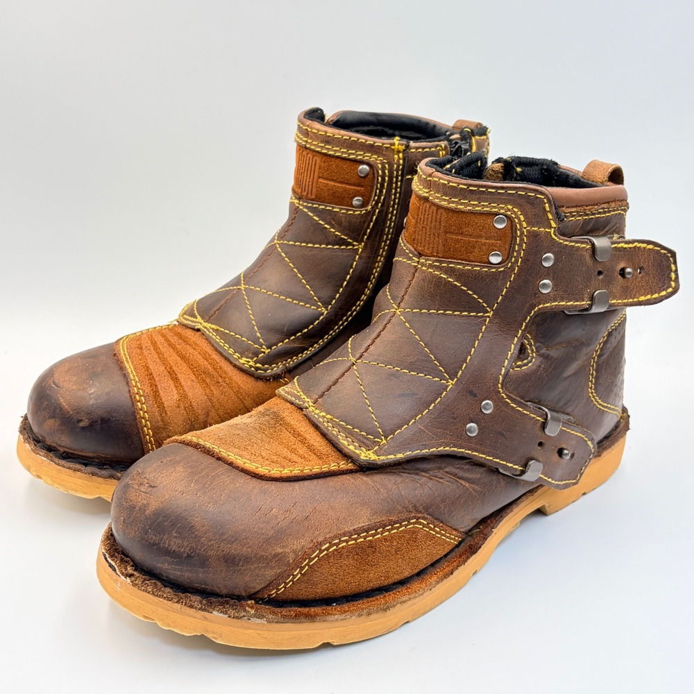Icon El Bajo Brown Leather Motorcycle Boots Mens 8.5 Buckle Zip Riding Shoes
